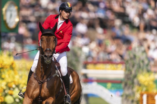 Thibault Philippaerts of Belgium, riding Lyandro, competes in the first round of the 2025 BMO