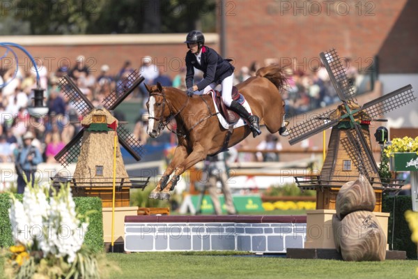Kevin Staut of France, riding Queens Balou B, competes in the first round of the 2025 BMO Nations