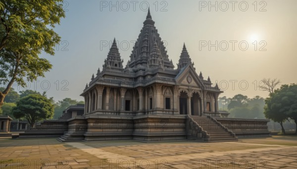 A majestic ancient temple stands proudly amidst a tranquil landscape, bathed in the warm glow of