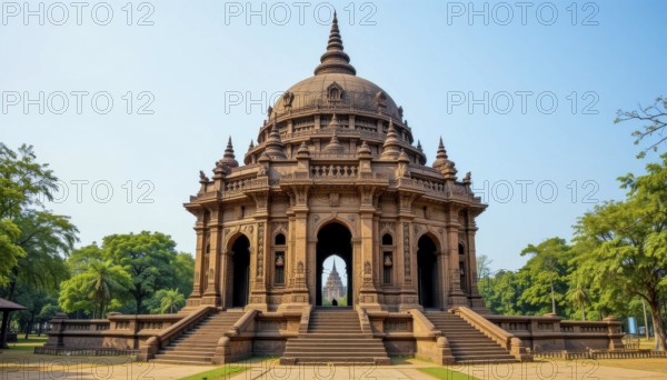 A stunning shot of a grand, ancient building with intricate details, set against a clear blue sky,
