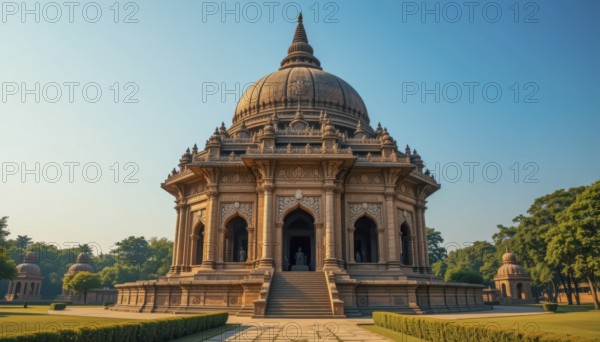 A majestic temple with intricate carvings and a large dome stands prominently against a clear blue