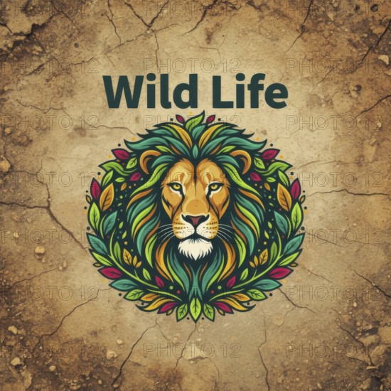 A colorful illustration showcases a majestic lion surrounded by a wreath of leaves, with the words