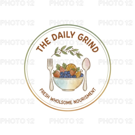 A watercolor-style logo for 'The Daily Grind' showcasing a bowl of blueberries, strawberries, and