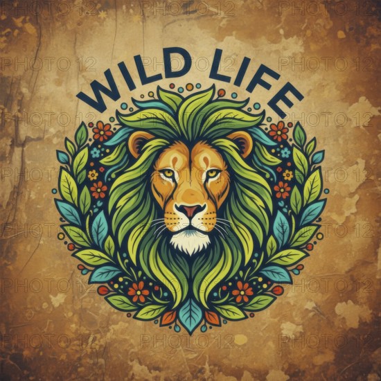 A colorful illustration features a lion's face surrounded by a wreath of leaves and flowers, set