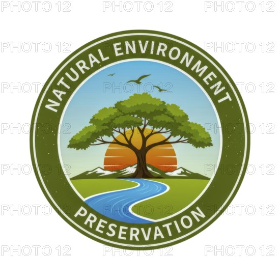 A circular logo design promoting natural environment preservation, featuring a tree, river,