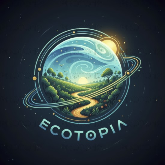 This artwork depicts a stylized planet with rolling hills, a winding road, and lush greenery, all