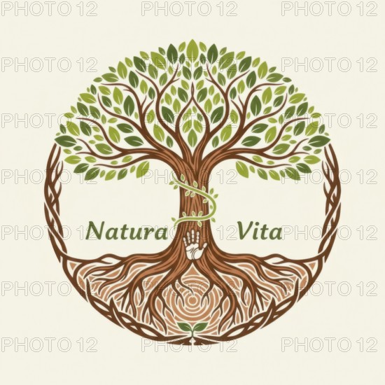 A detailed illustration of a tree of life logo, featuring intricate roots, branches, and leaves,