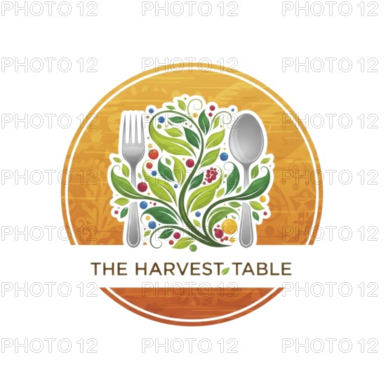 This logo showcases a fork and spoon flanking a lush arrangement of leaves and berries, all set
