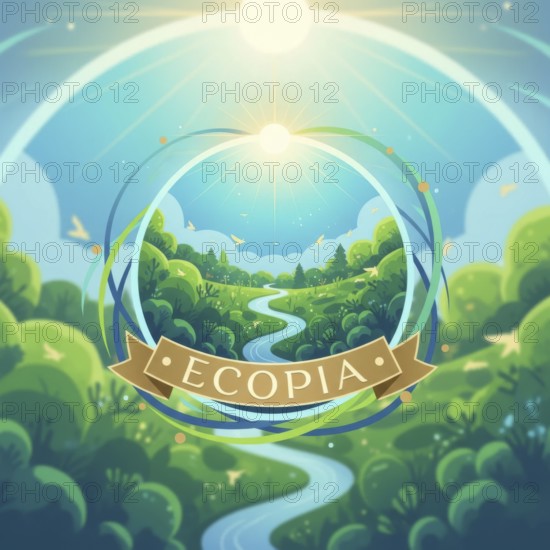 The image depicts a serene landscape with a winding river, surrounded by trees and a bright sun,