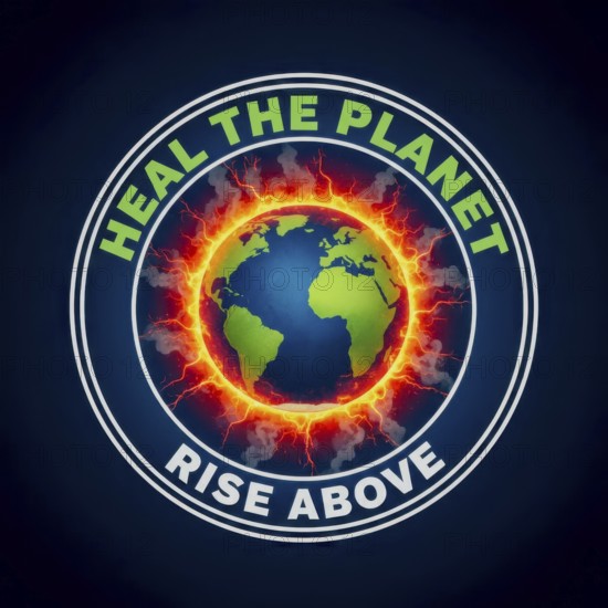 This image features a vibrant emblem with the words Heal the Planet and Rise Above surrounding a