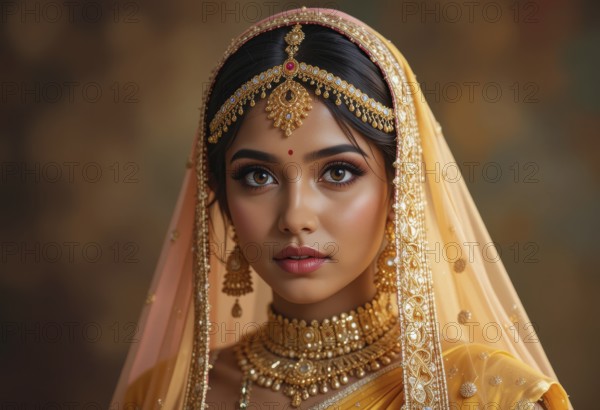 A stunning portrait of an Indian bride adorned in exquisite gold jewelry and a vibrant yellow sari,