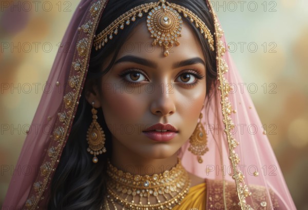 A stunning portrait of a young Indian woman adorned in exquisite gold jewelry and a pink veil,