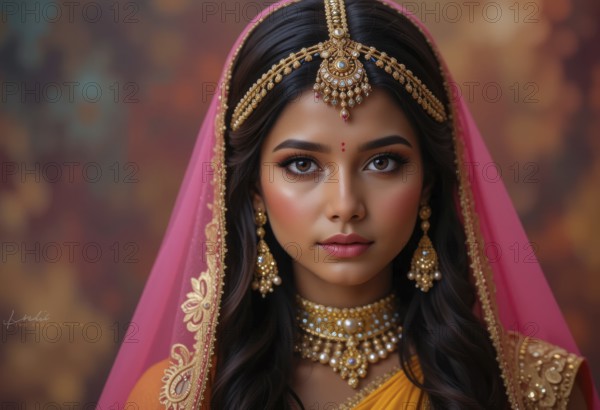 A stunning portrait of an Indian woman showcases her beauty, wearing a vibrant yellow saree and