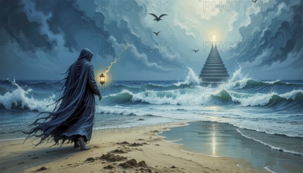 A cloaked figure walks along a beach towards a stairway leading to a bright light in the sky, with