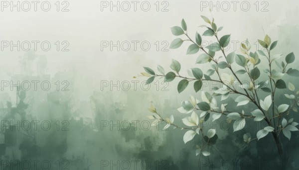 An artistic watercolor painting showcases delicate green leaves and branches against a soft,
