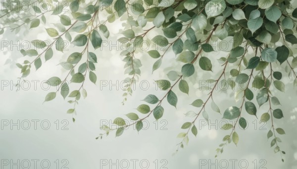Branches laden with vibrant green leaves gently hang against a blurred, ethereal background. The