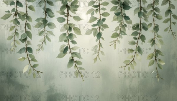 Delicate watercolor painting showcasing hanging leaves with a soft, blurred background, creating a