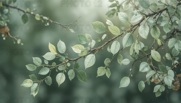 Close-up of tree branches with fresh green leaves, creating a peaceful and natural scene. The soft