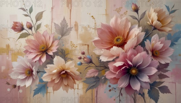 A beautiful watercolor painting showcasing a bouquet of delicate flowers in shades of pink, peach,