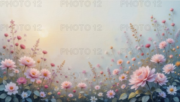 A beautiful painting-like image of a garden filled with delicate pink flowers, creating a peaceful
