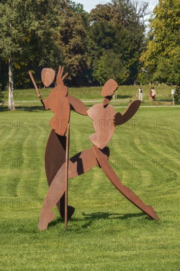Metal art figures in the castle park in Kisslegg, Allgäu, Baden-Württemberg, Germany