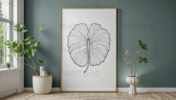 A modern interior showcases a large framed artwork of a leaf, complemented by lush green plants and