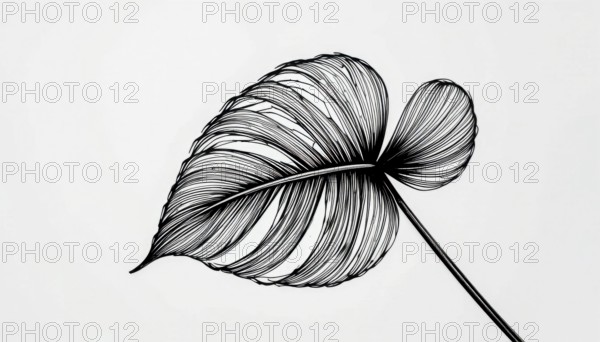 A detailed black and white illustration of a leaf with intricate line work, set against a clean