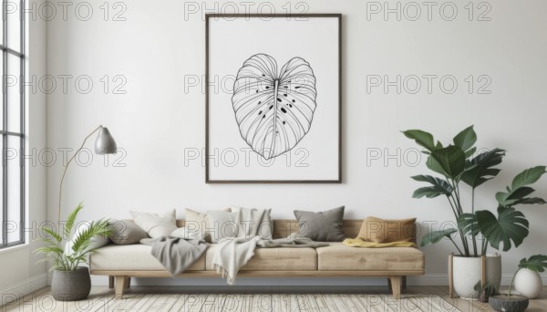 A cozy living room features a wooden sofa, framed botanical art, and lush green plants, creating a