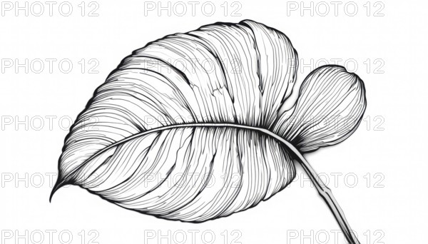 A stunning black and white illustration showcases a large tropical leaf with intricate line details