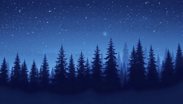 A tranquil scene of a forest at night, with silhouetted trees against a deep blue sky filled with