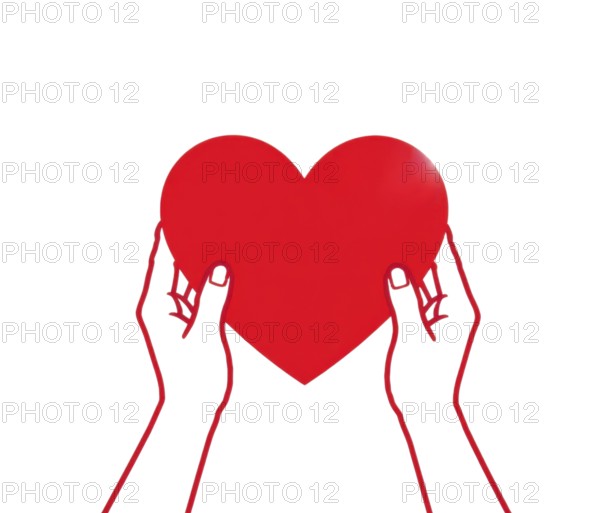 Two hands, drawn with a red outline, cradle a vibrant red heart against a clean white backdrop,