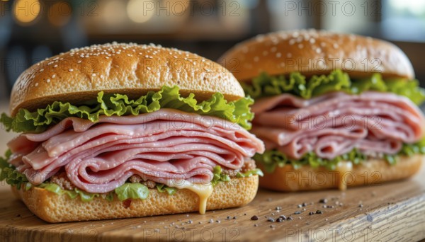 Two appetizing ham sandwiches are presented, showcasing layers of ham and crisp lettuce between