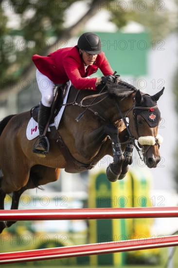 Sean Jobin of Canada, riding Sterrehof's Edinus competes in the 2025 Spruce Meadows Masters on