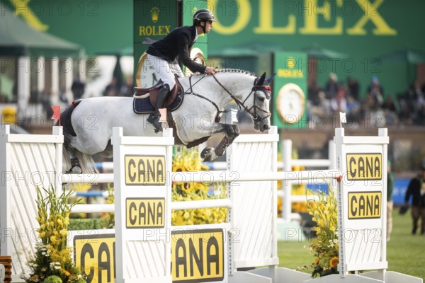 Roy Van Beek of Austria, riding Cavoiro-H Old, competes in the 2025 Spruce Meadows Masters on