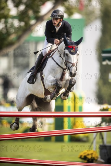 Roy Van Beek of Austria, riding Cavoiro-H Old, competes in the 2025 Spruce Meadows Masters on