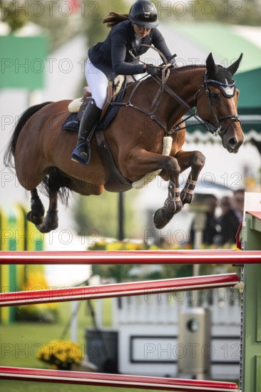 Alessandra Reich of Austria, riding Oeli R, competes in the 2025 Spruce Meadows Masters on