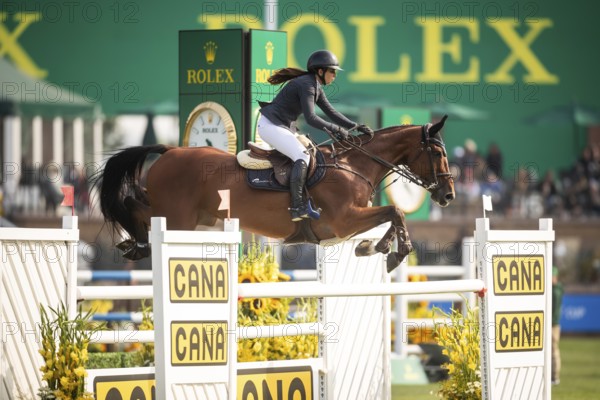 Alessandra Reich of Austria, riding Oeli R, competes in the 2025 Spruce Meadows Masters on