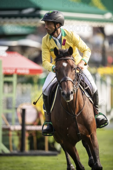 Yuri Mansur of Brazil, riding QH Alfons Santo Antonio competes in the 2025 Spruce Meadows Masters