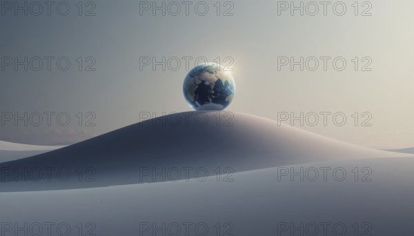 A conceptual image shows the Earth atop a desert dune, symbolizing environmental themes and global