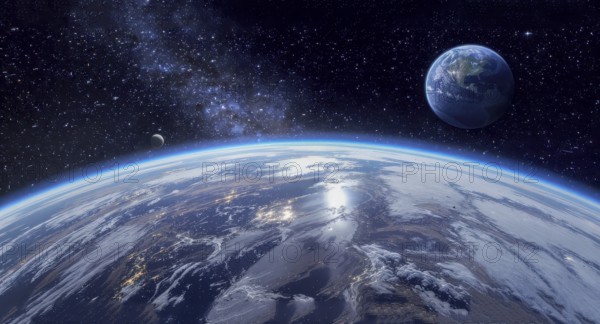 A stunning view of Earth from space, showcasing the planet's curvature, a distant planet, and the