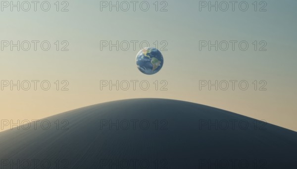 A surreal image shows planet Earth suspended in the sky above a large sand dune, evoking a sense of