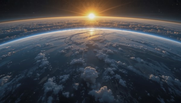 The breathtaking view of Earth from space captures the sunrise, with clouds and the atmosphere