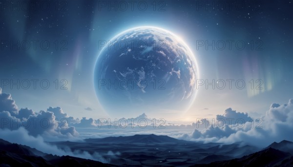 The image captures a stunning celestial scene with a large planet, vibrant aurora, and a serene