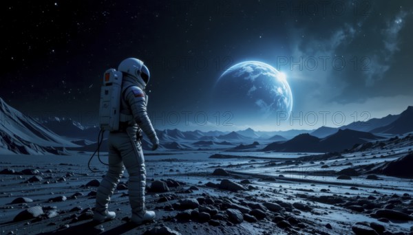 An astronaut stands on a rocky surface, looking towards a large planet rising in the distance, with