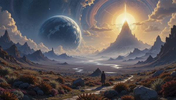 A lone figure stands on a path, gazing at a breathtaking alien landscape with a large planet and a