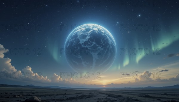 The image showcases a celestial scene with a glowing planet, vibrant aurora, and a serene landscape
