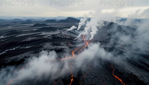 Dramatic aerial shot captures a volcanic eruption, showcasing molten lava rivers and plumes of
