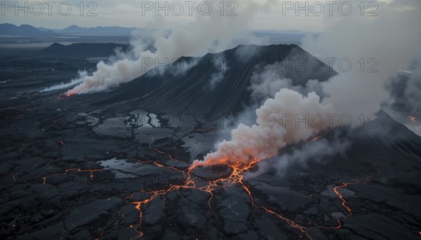 An aerial view captures a volcanic eruption, showcasing molten lava flows and billowing smoke