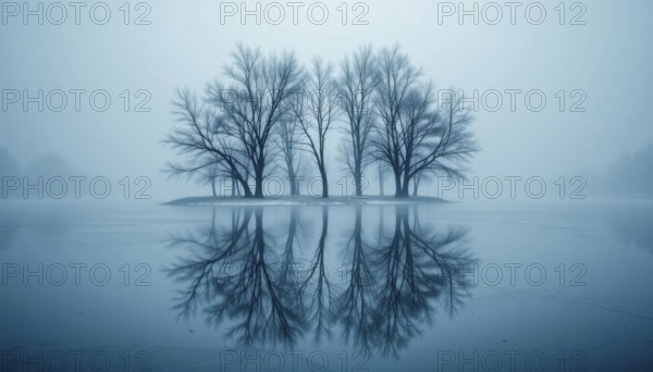 Bare trees stand on a small island, their reflections mirrored in the still water of a lake