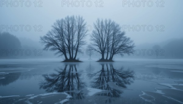 Two large trees stand on small islands in a frozen lake, their reflections mirrored in the icy